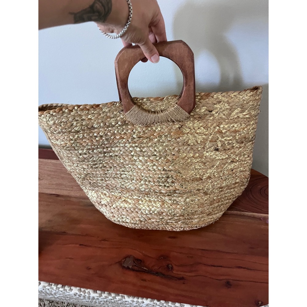 Antik Kraft Woven Straw Tote Bag Gold Metallic Wood Handle Boho Beach Handbag